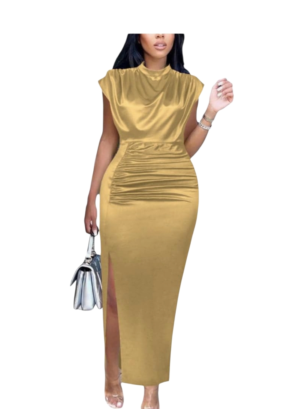 AOMEI - Size 20 (US Size) Gold Satin Ruched Midi Dress with Side Slit - Picture 5 of 12